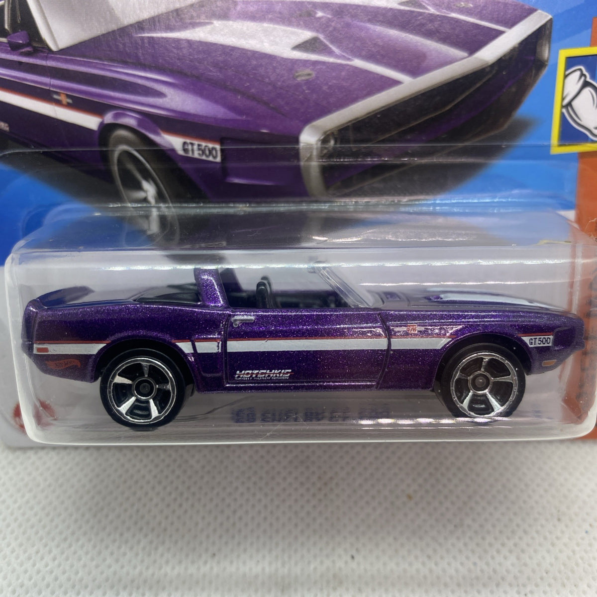 Purple "69 Shelby GT-500" die-cast car in clear blister with star-spoke wheels