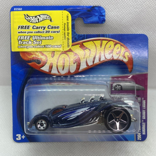 Hot Wheels die-cast car in clear blister, dark blue with silver flame stripes