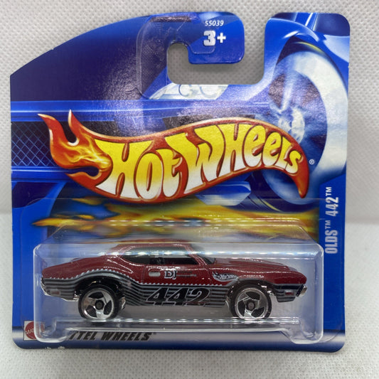 Hot Wheels die-cast Olds 442 car on blue blister card, maroon with chrome wheels