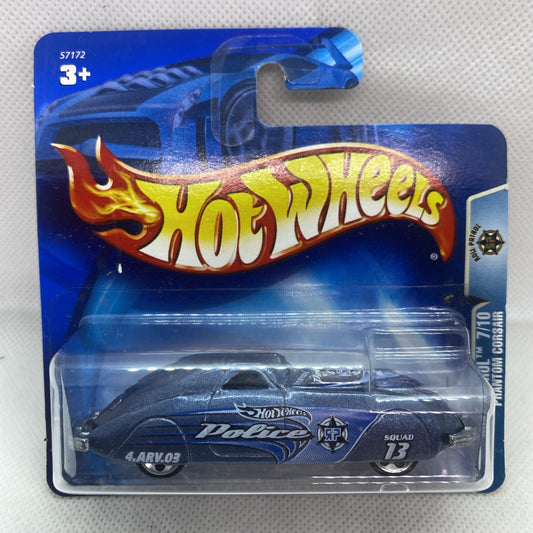 Sealed Hot Wheels die-cast car in clear blister, dark blue/gray Phantom-style vehicle