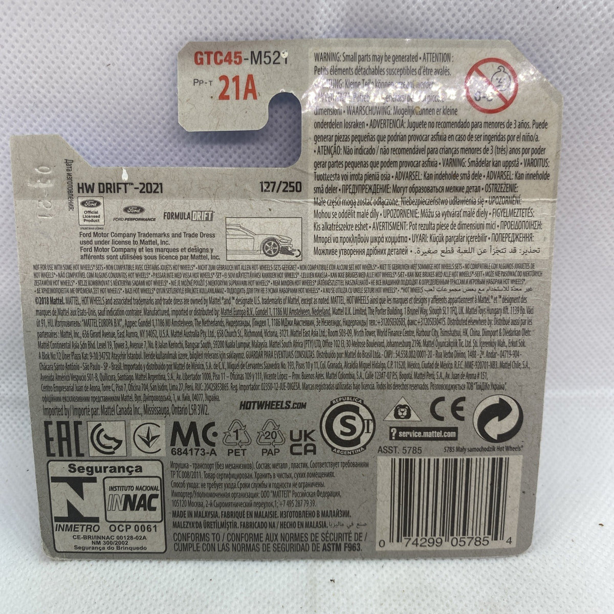 Hot Wheels Formula Drift die-cast car back card with printed specs and barcode
