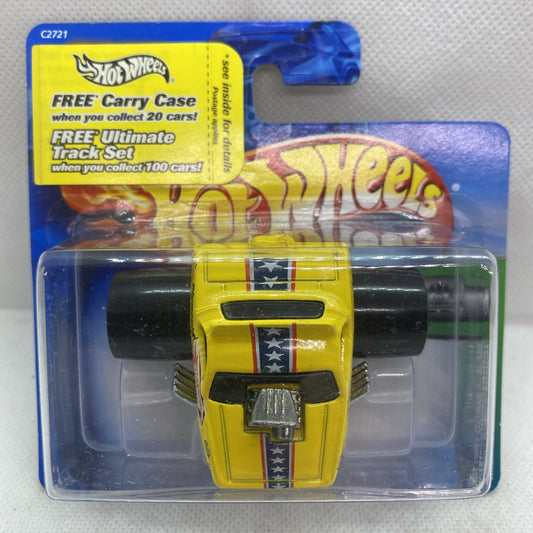 Hot Wheels yellow die-cast Plymouth Barracuda car in clear blister on short card