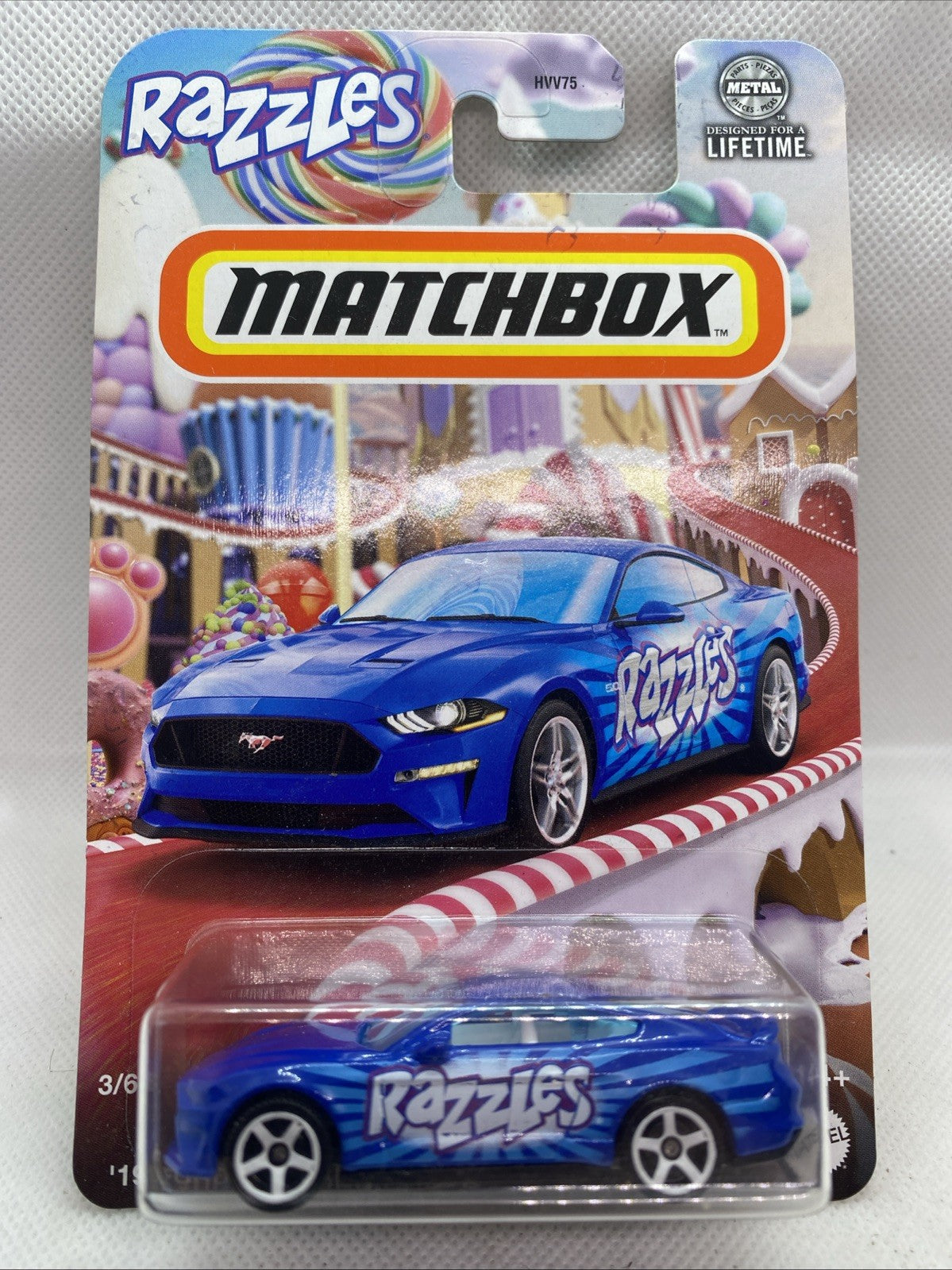 Matchbox toy car blister pack with blue "Razzles" '19 Ford Mustang Coupe