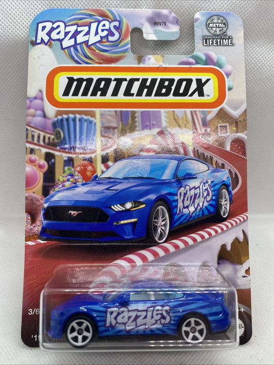 Matchbox toy car blister pack with blue "Razzles" '19 Ford Mustang Coupe