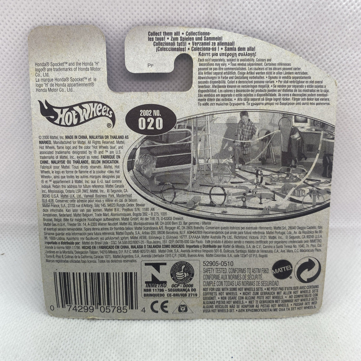 Hot Wheels blister card back with 2002 '020' marking and printed product details