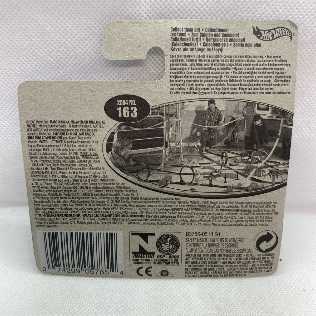 Hot Wheels toy car card back, 2004 No. 163 text and vehicle photo