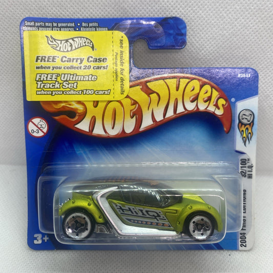 Lime green and silver Hot Wheels die-cast car with black windows in retail blister