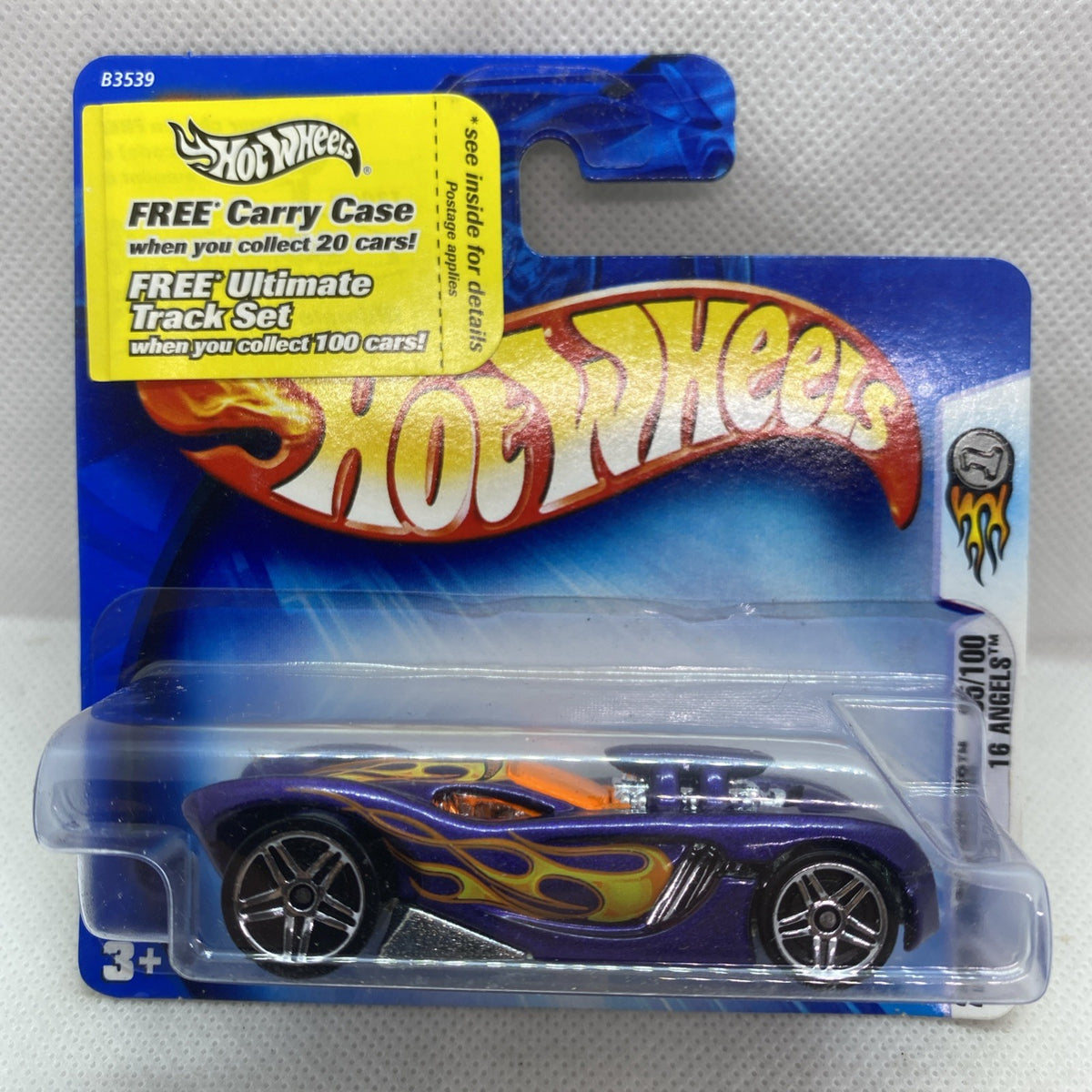 Hot Wheels purple flame die-cast car in blister pack, number 035