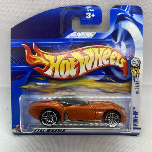 Hot Wheels Pony-Up die-cast car in blister pack, orange coupe