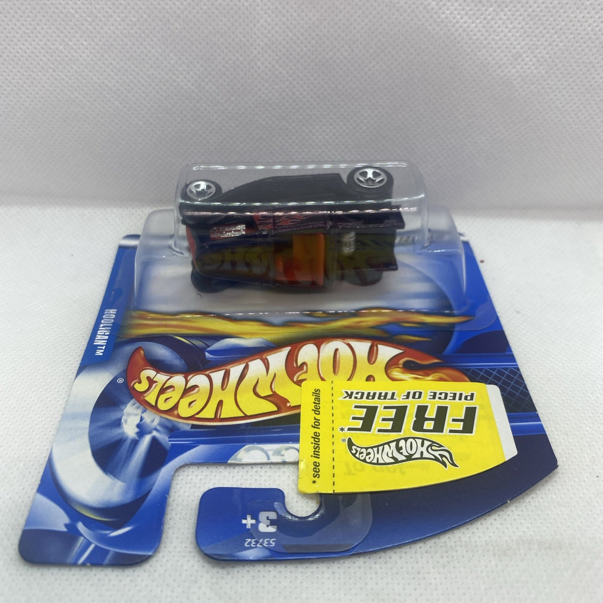 Hot Wheels Hooligan 2001 #203 die-cast car in blue blister, top view
