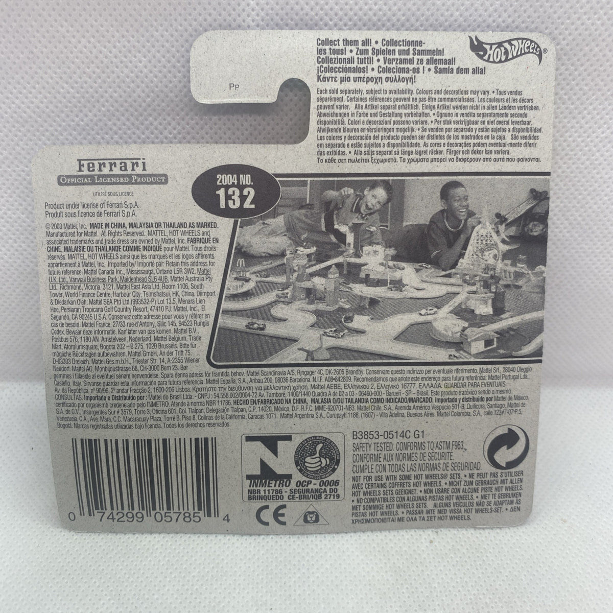 Hot Wheels die-cast car package back with Ferrari branding and vehicle details on card