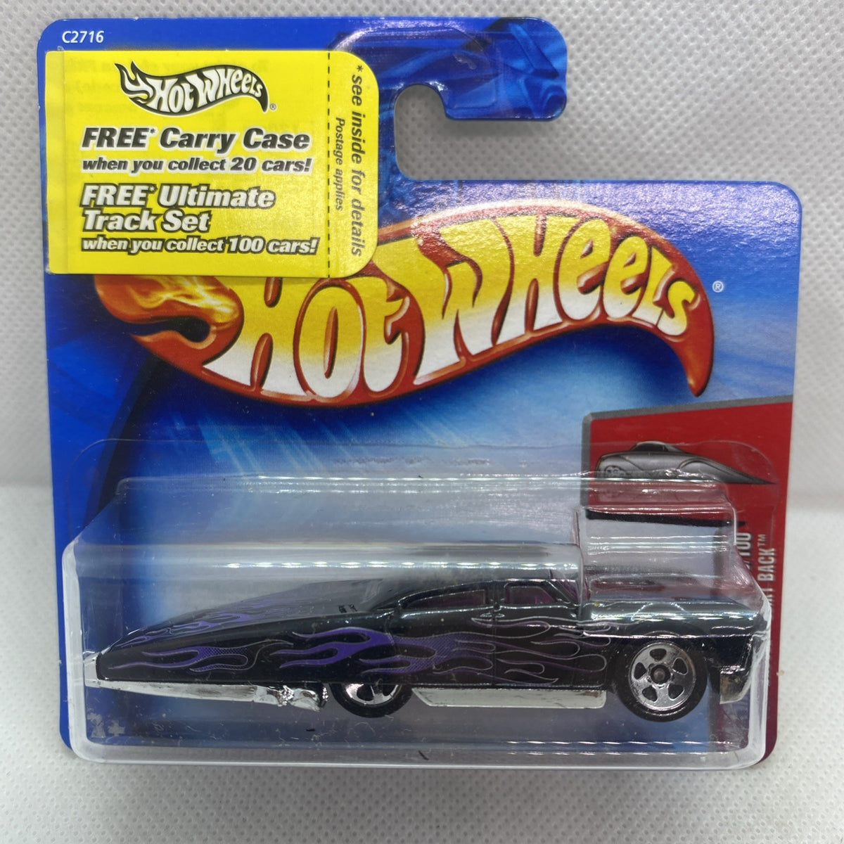 Hot Wheels blue blister pack with black flame car and red storage card