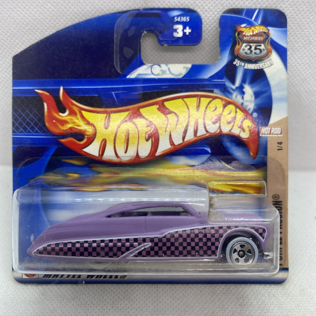 Hot Wheels die-cast car on blue blister card, purple body with checkered stripe