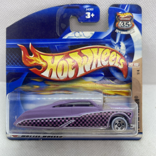 Hot Wheels die-cast car on blue blister card, purple body with checkered stripe