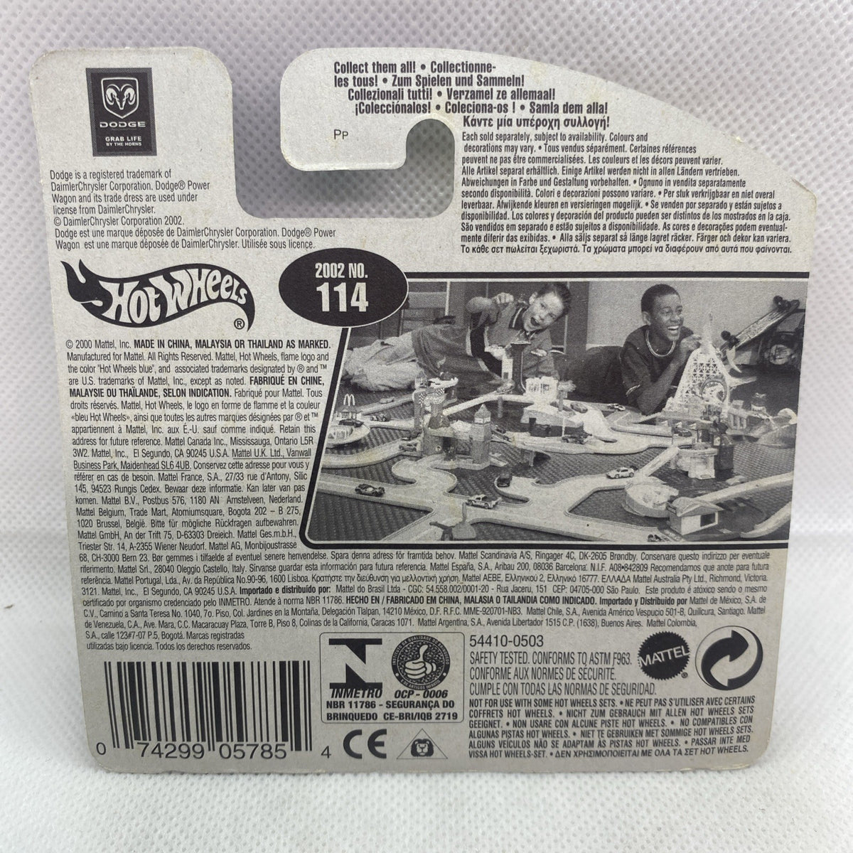 Hot Wheels die-cast truck packaging back, barcode and printed details on card