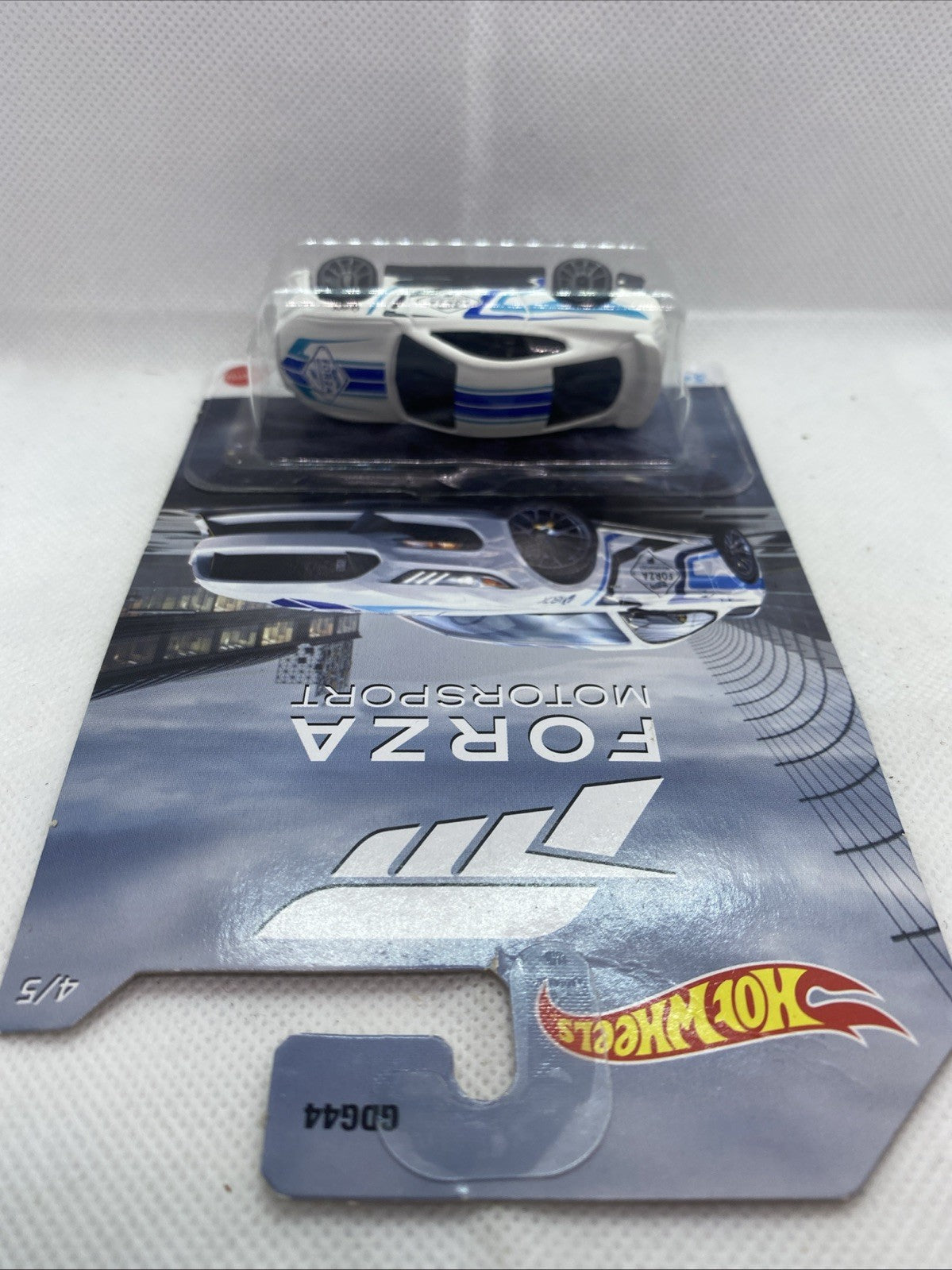 Hot Wheels Forza Motorsport blister pack with white and blue Ford Shelby GT350 toy car