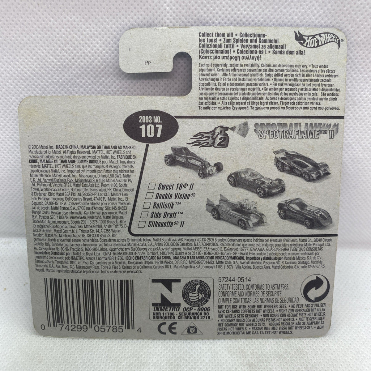 Hot Wheels Spectraflame II blister card back with 2003 #107 and car photos