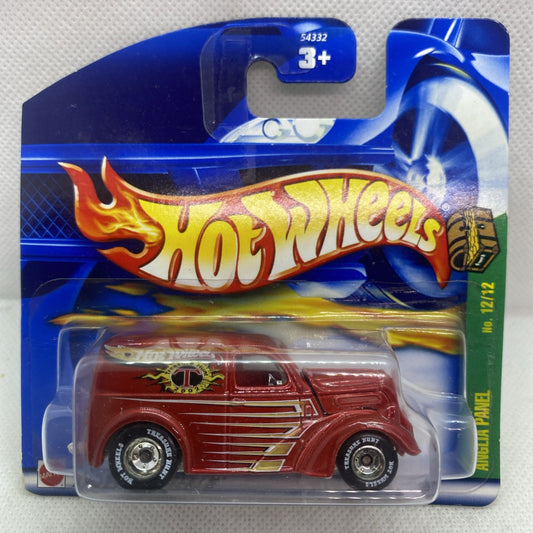 Hot Wheels 1:64 red panel van car in blue blister packaging, with yellow flame graphics