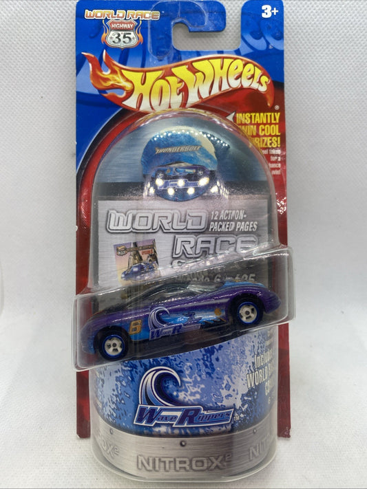 Hot Wheels World Race die-cast car in blue blister pack, #6/35