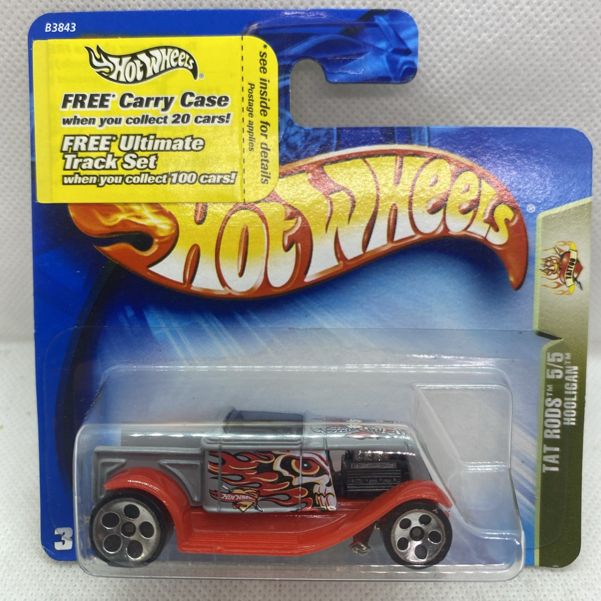 Hot Wheels Hooligan die-cast car in clear blister, red body and flame graphics