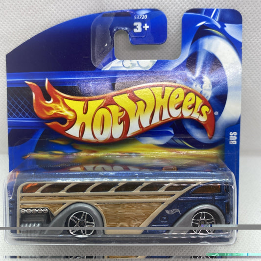 Hot Wheels school bus die-cast in clear blister, card front with flame logo