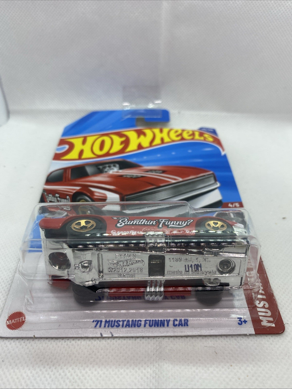 Hot Wheels '71 Mustang Funny Car toy in clear blister, red car front view