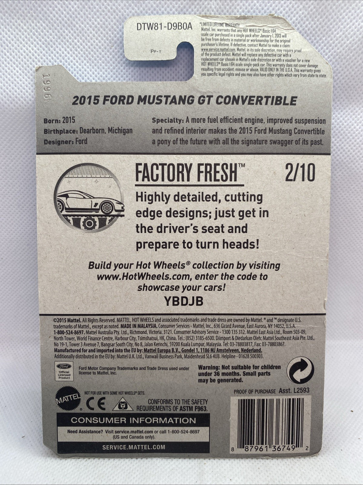 Back of Hot Wheels blister card with car details and Factory Fresh 2/10