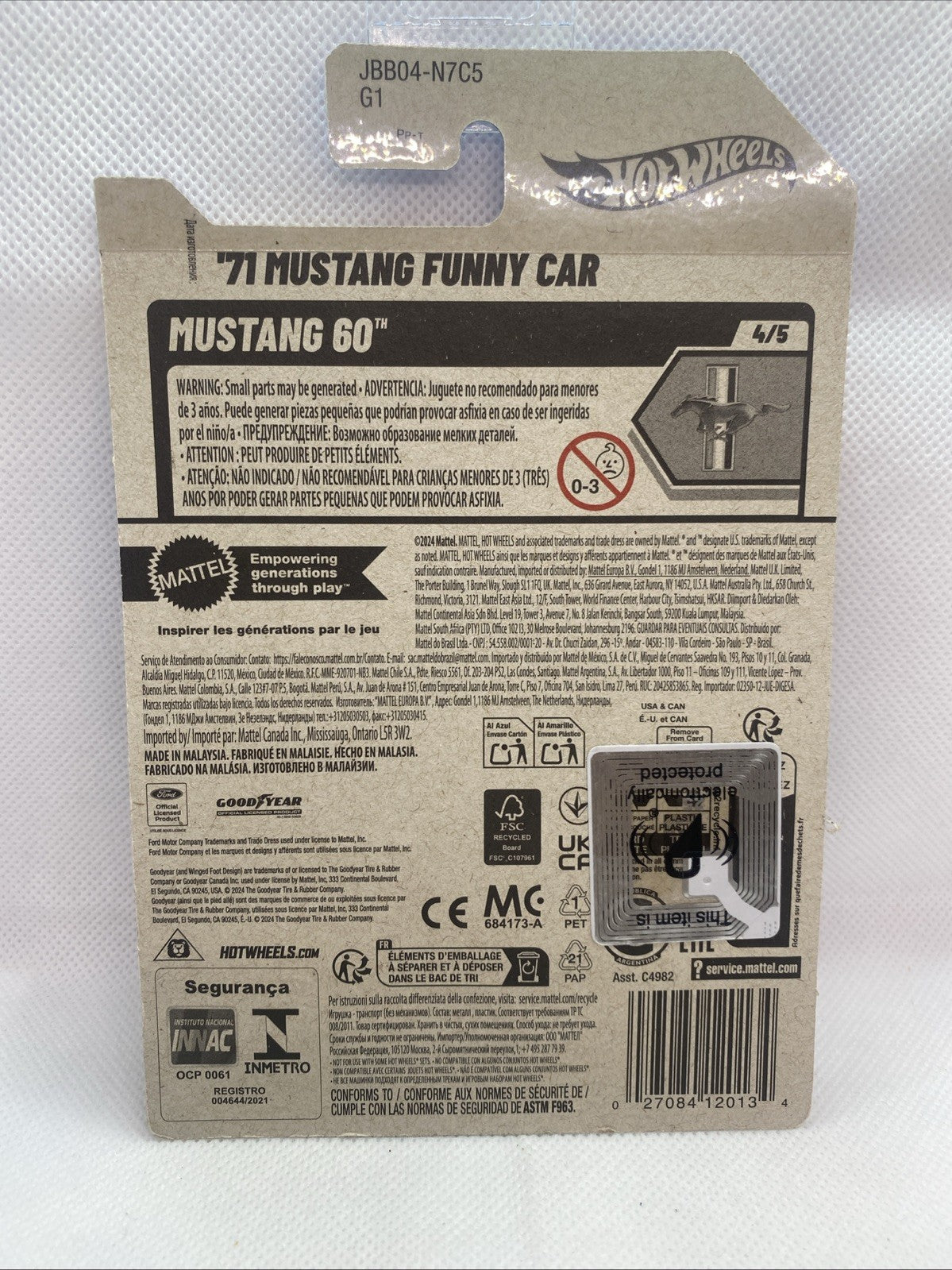 Hot Wheels '71 Mustang Funny Car card back with barcode and vehicle information
