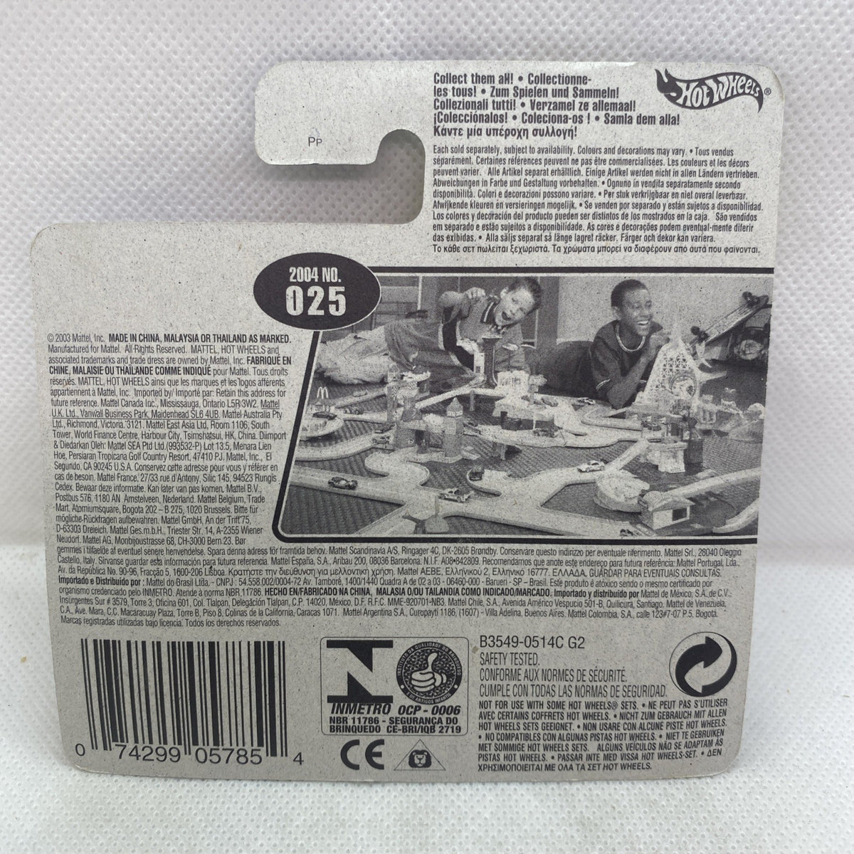 Hot Wheels collectible car card back, barcode and product details on sealed card