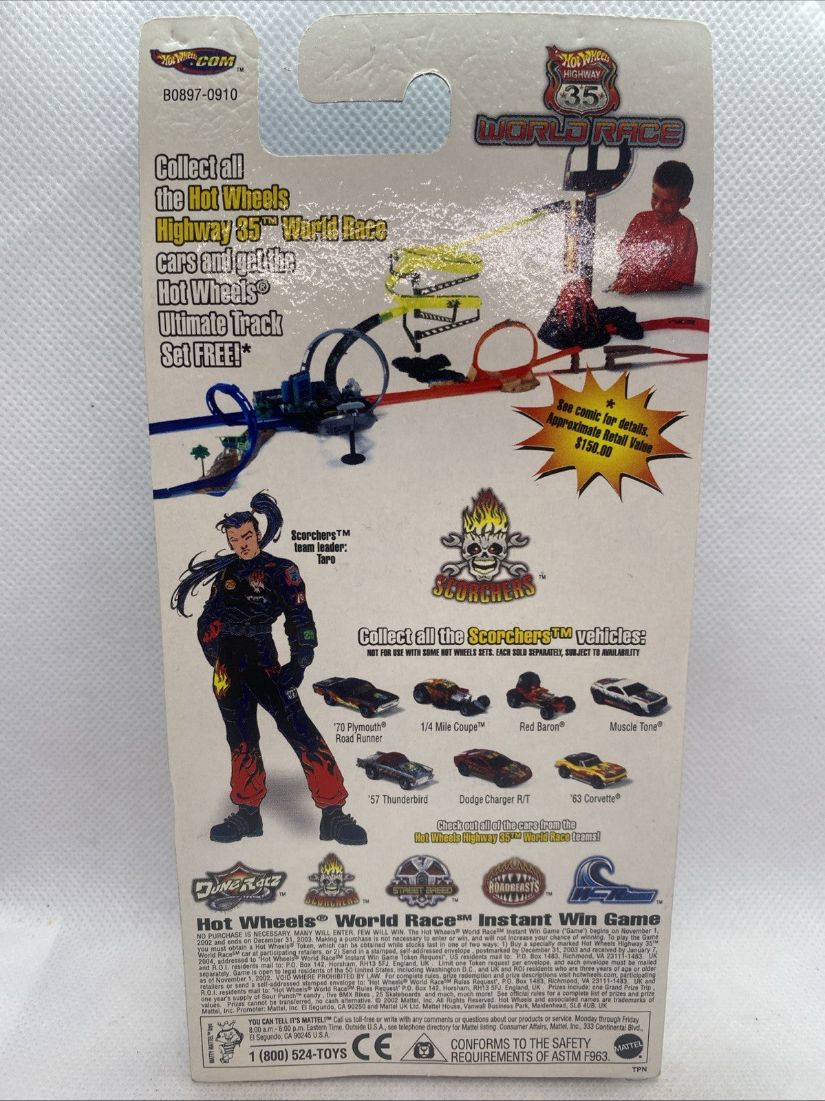 Hot Wheels World Race Scorchers package back card with game and vehicle details