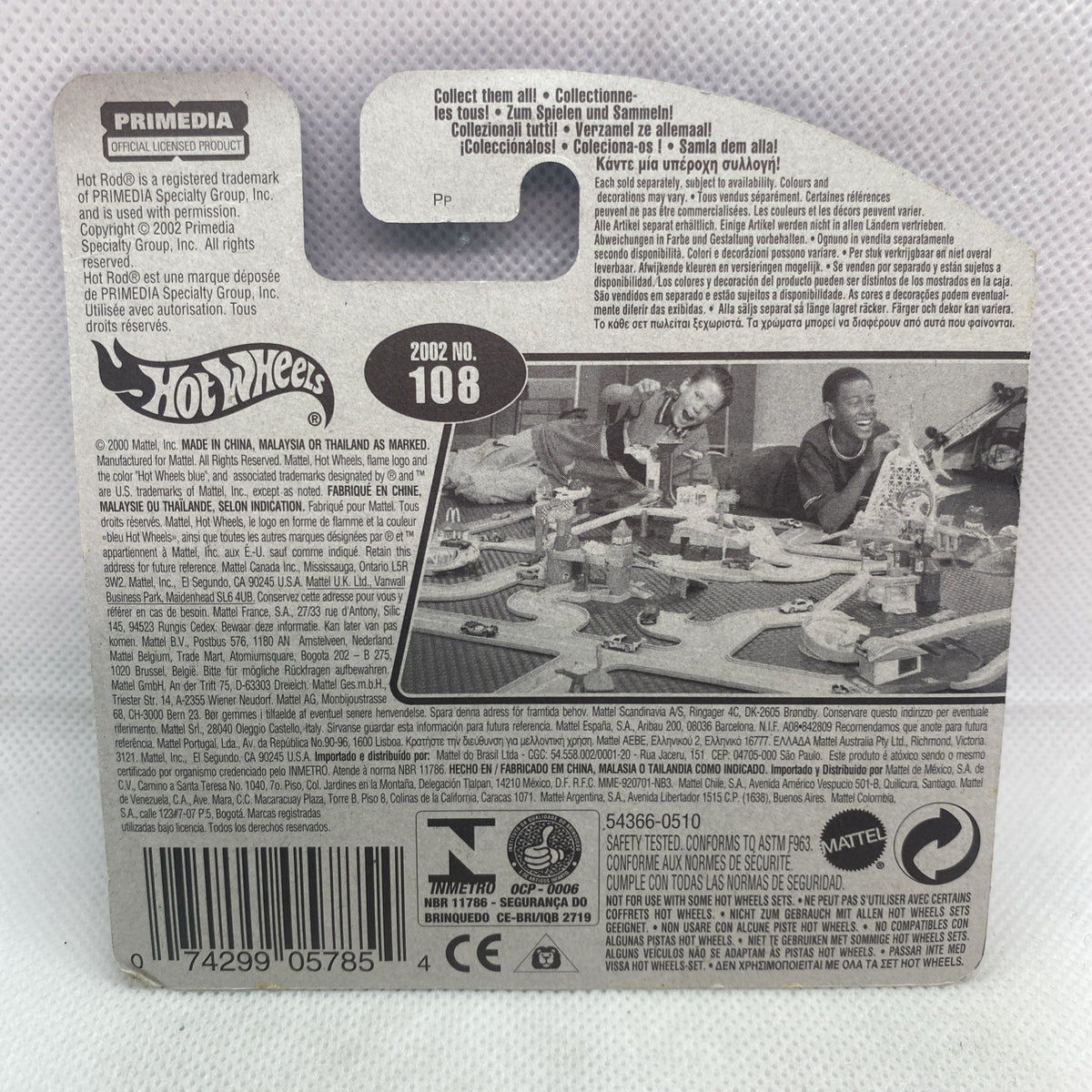 Hot Wheels Hooligan Hot Rod blister card back with printed details and 108 model number.