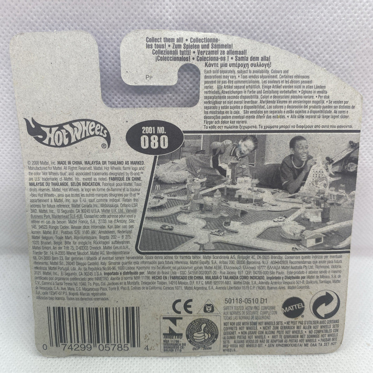 Hot Wheels collectible card back with barcode and model number 080 text