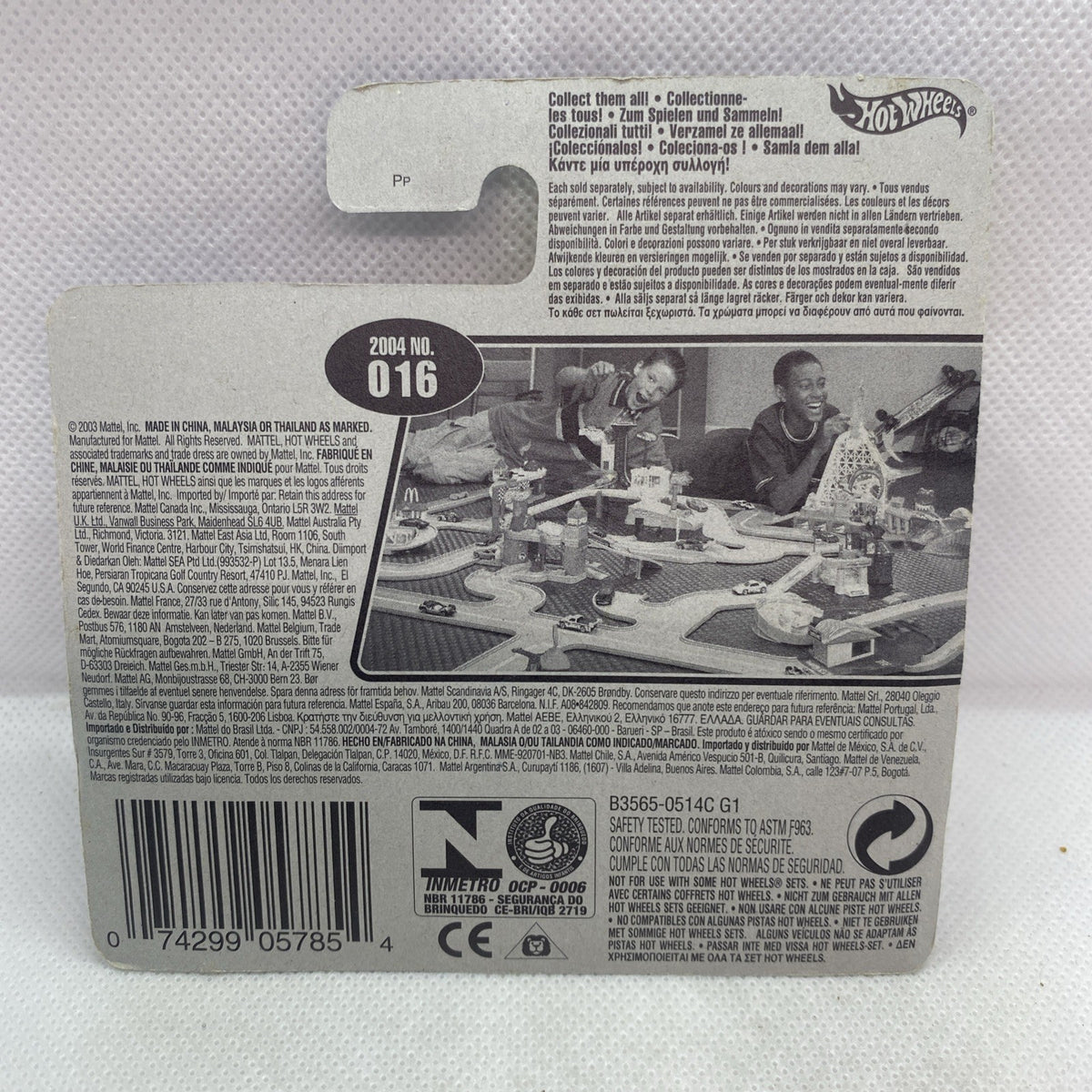 Hot Wheels die-cast car packaging back card with barcode and 2004 No. 016 info