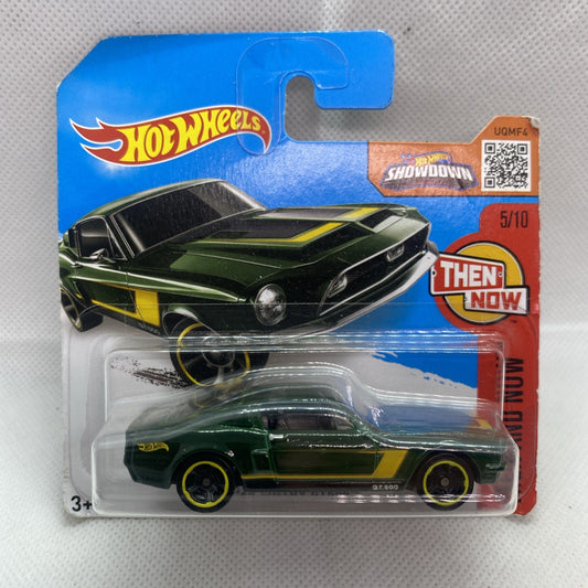 Hot Wheels green 'Then and Now' toy car in blue blister card packaging