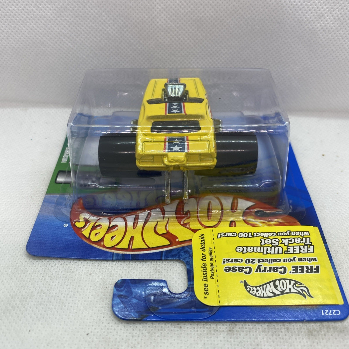 Hot Wheels yellow die-cast Plymouth Barracuda in clear blister, side view on card