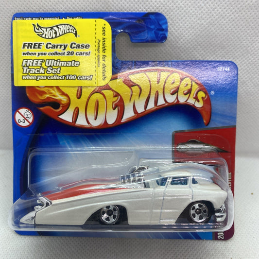 Hot Wheels die-cast car in blister pack with white coupe and red card backing