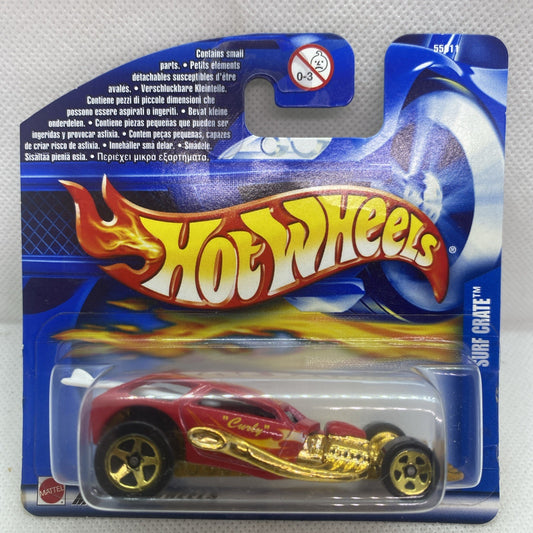 Hot Wheels Surf Crate die-cast car on blue blister card, red and gold styling