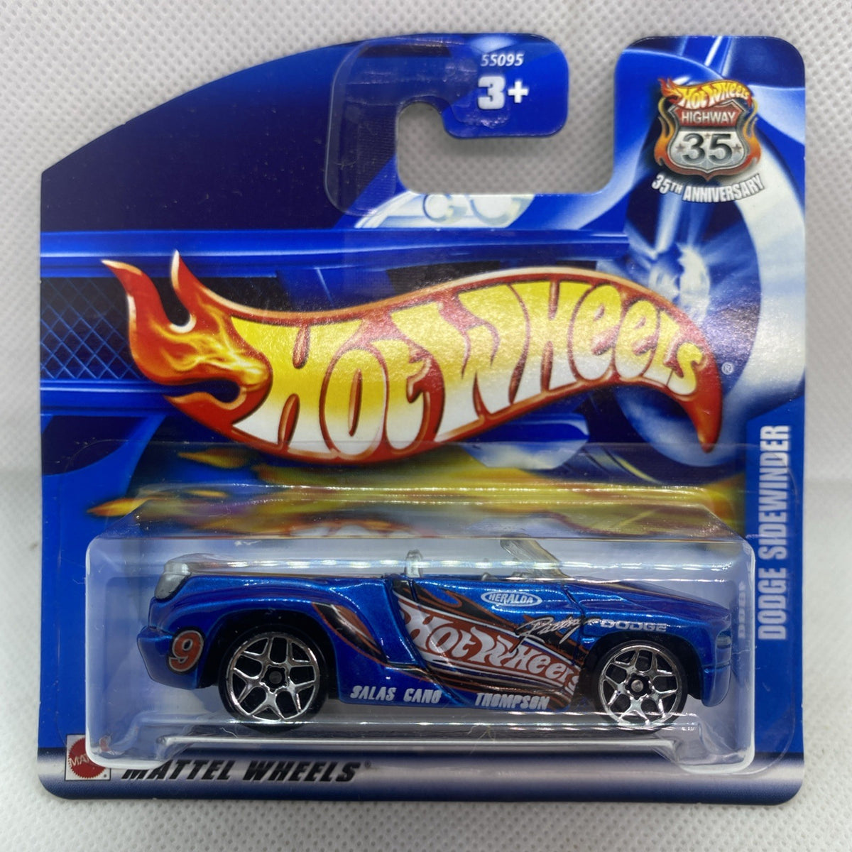 Hot Wheels Dodge Sidewinder die-cast car on blue sealed blister card with flame graphics