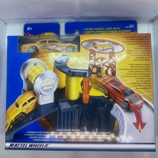 Hot Wheels detail center playset box with yellow flame car and pump accessories