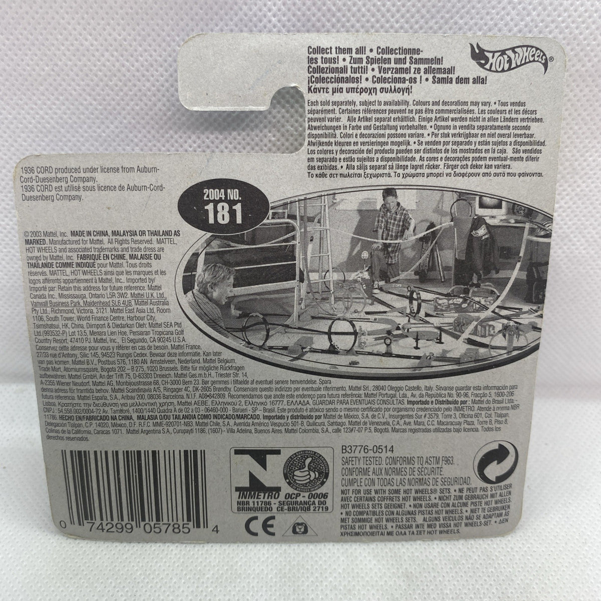 Hot Wheels 1936 Cord 2004 die-cast car blister card, back with product info