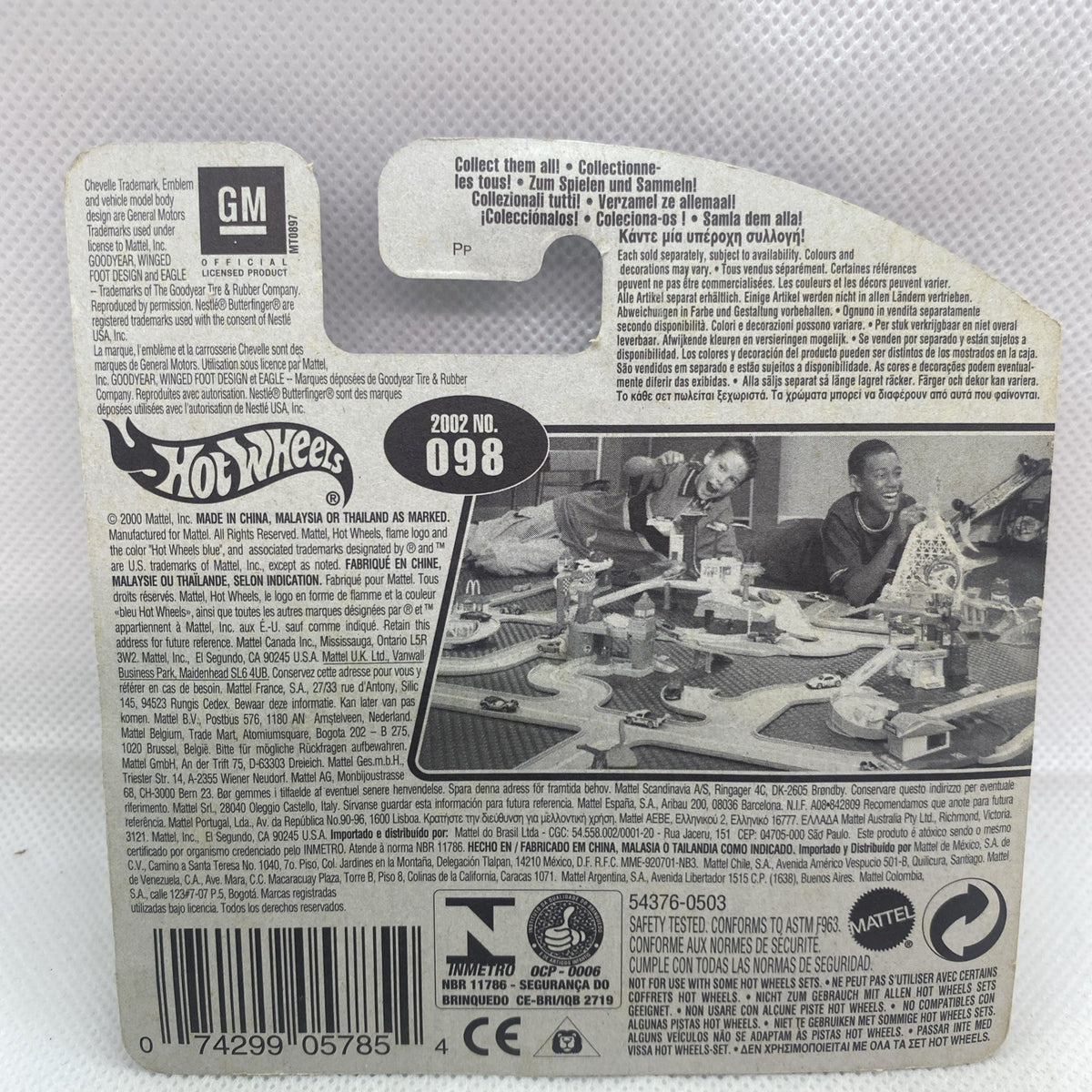 Hot Wheels die-cast car blister back card with GM logo, model 098 and details