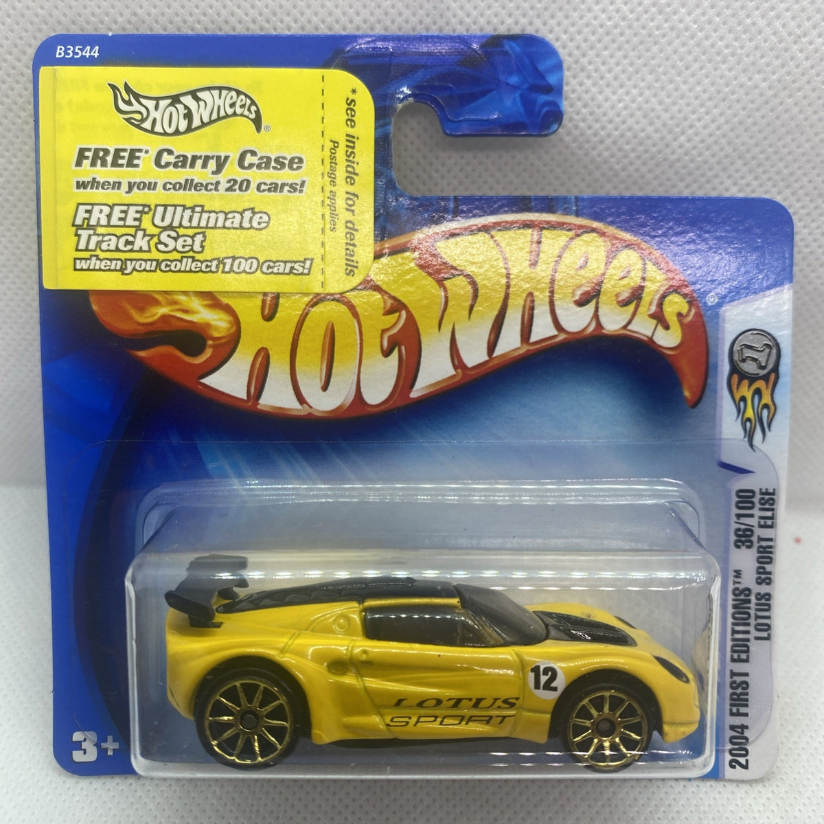 Yellow Hot Wheels Lotus Sport Elise die-cast in blister pack, front view