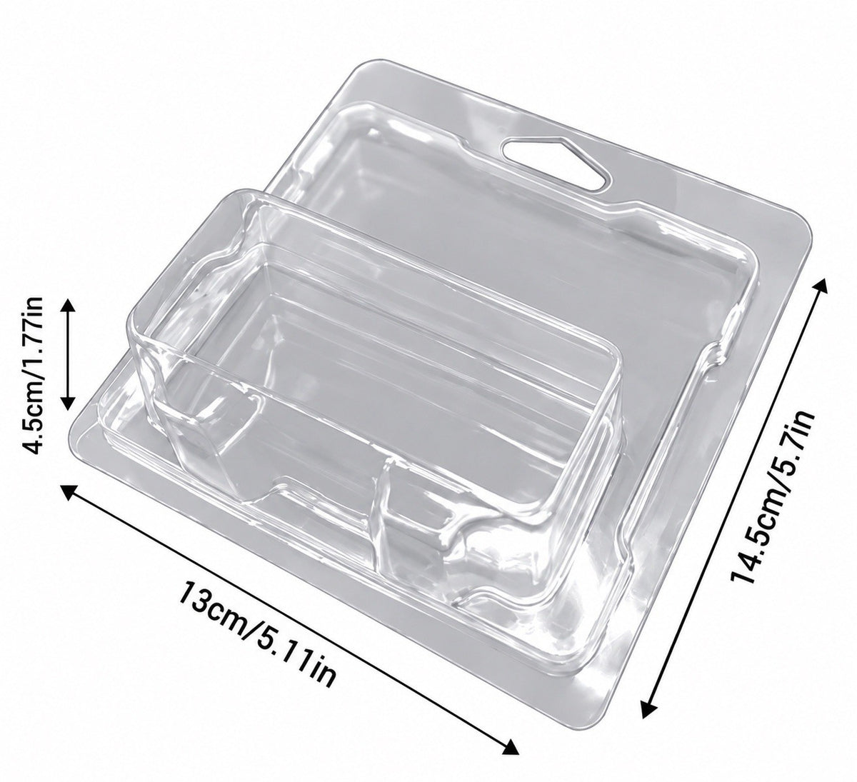Clear plastic protective case with tray, dimensions 13cm x 14.5cm x 4.5cm