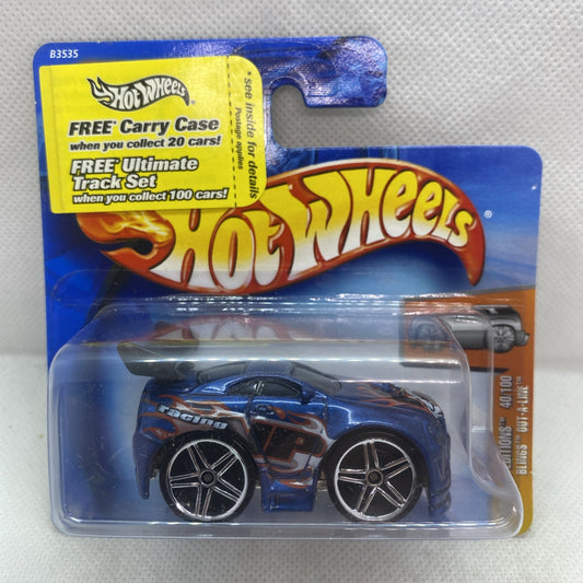 Hot Wheels die-cast car in clear blister on blue card, with black and blue racing graphics