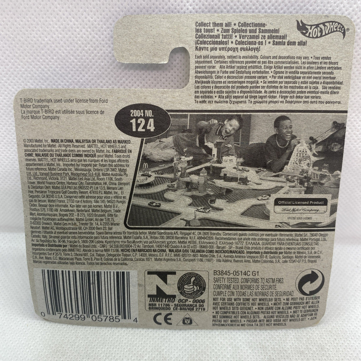 Hot Wheels T-Bird sealed back card with model info, barcode, and certification labels