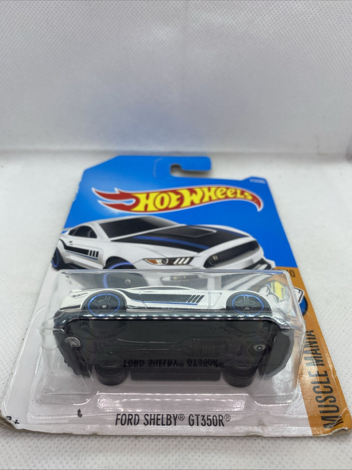Hot Wheels GT350R 2017 die-cast car in clear blister on card, side profile