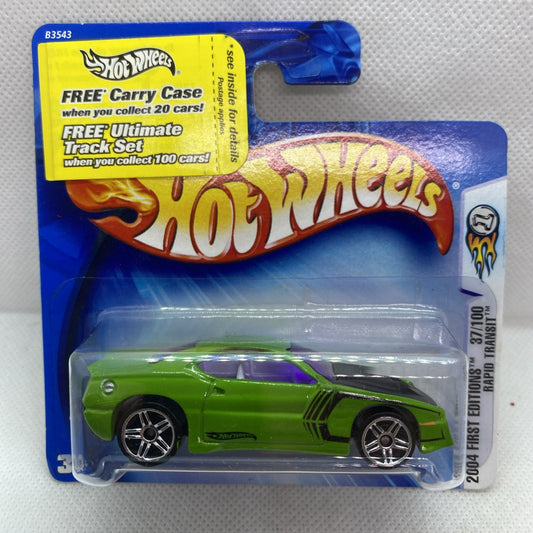 Green Hot Wheels die-cast car in clear blister on blue card, side profile