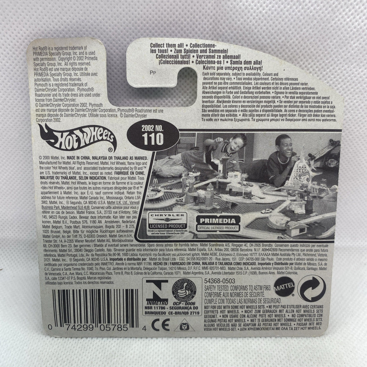 Back of Hot Wheels blister card with product details and 2002 #110 label