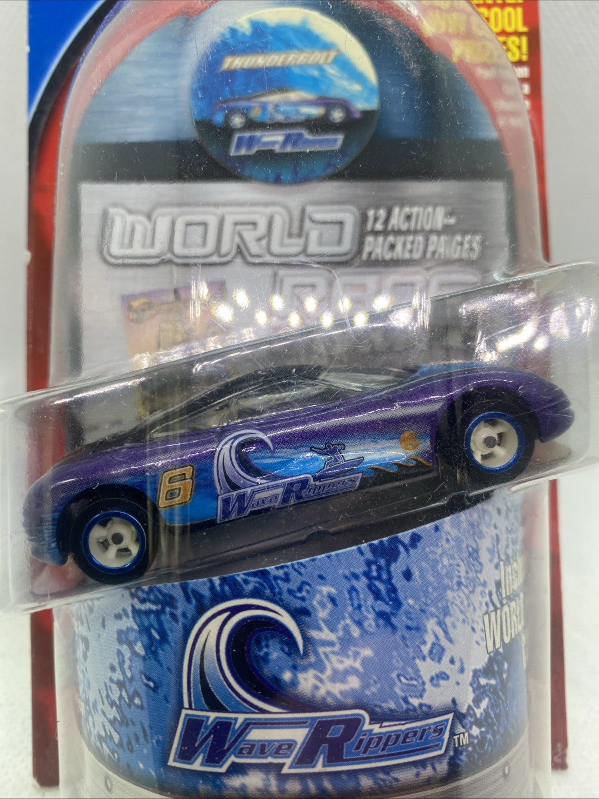 Hot Wheels World Race die-cast car in blister pack, side view with #6