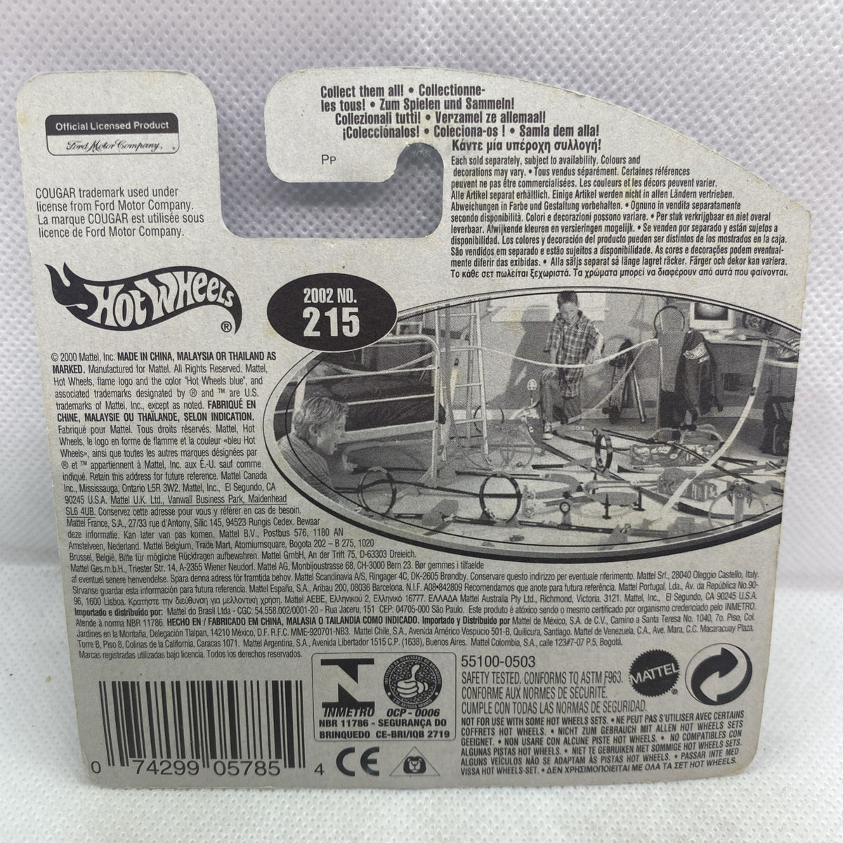 Hot Wheels die-cast card back with 2002 No.215 label and barcode details